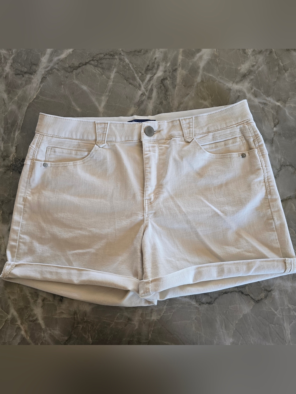 Democracy Cream White Rolled Cuff Denim Shorts, Stretch, Sz 16